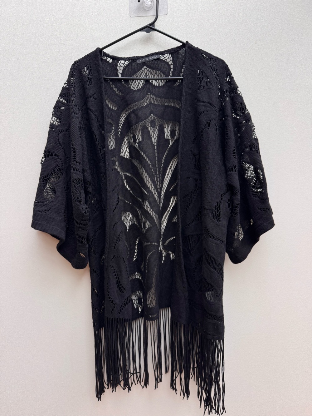 Black Tape_ Black Openwork Fringe Kimono Cardigan